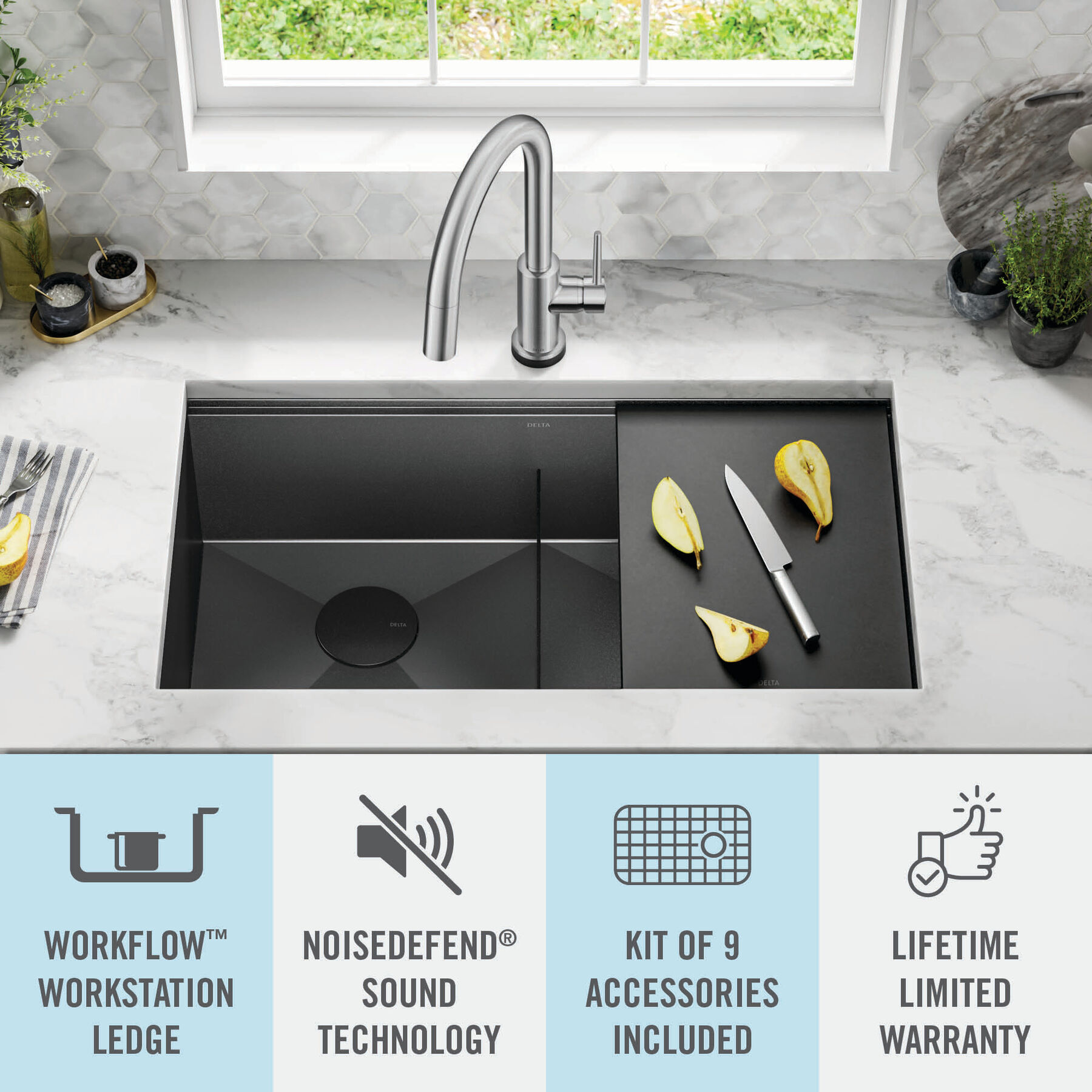Lavabo de cocina tipo estación de trabajo con dos receptáculos calibre 16 de 33" de montaje bajo encimera, con reborde WorkFlow™ y accesorios, imagen 18